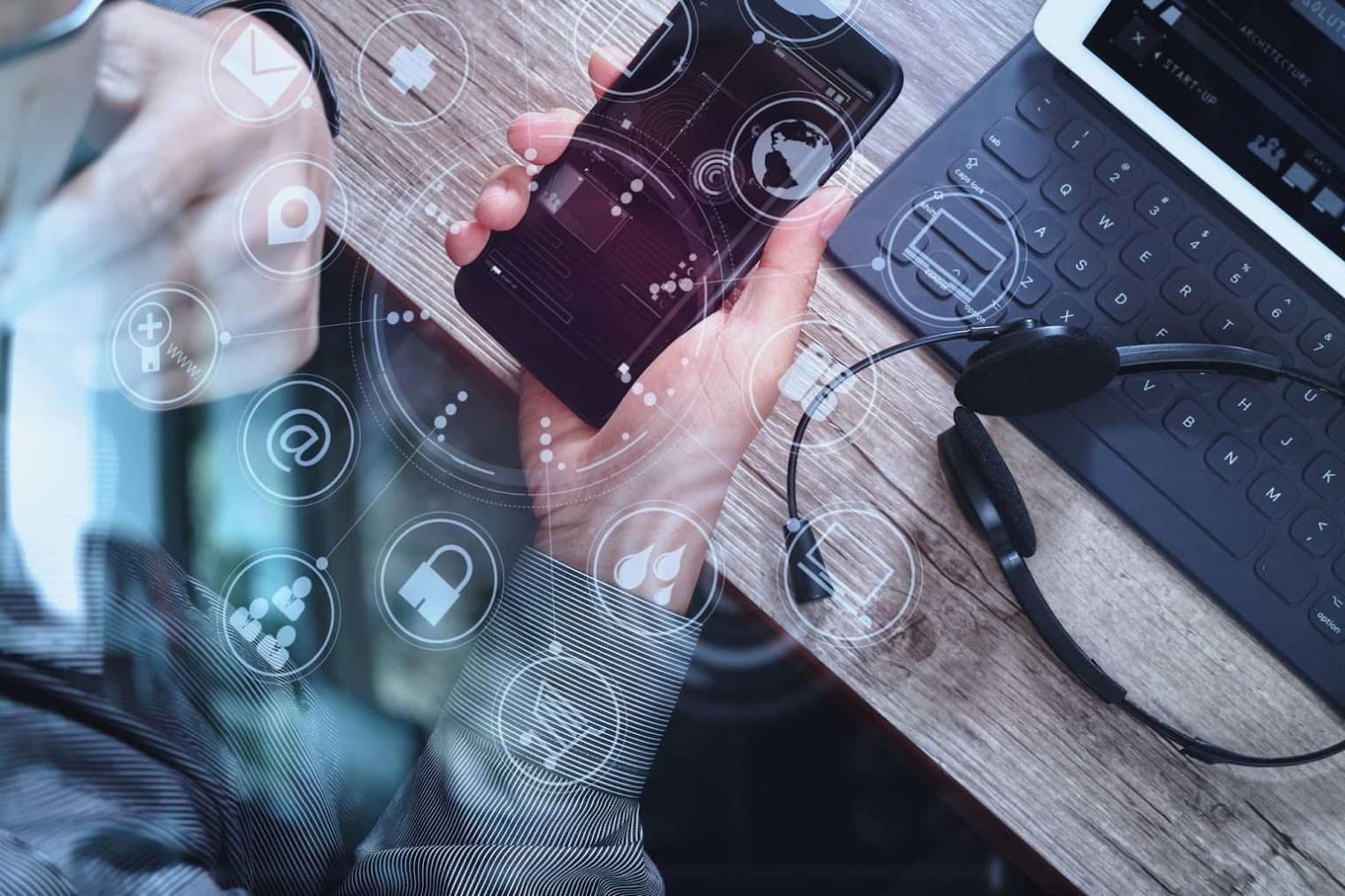 VoIP communication using a smartphone, laptop, and headset